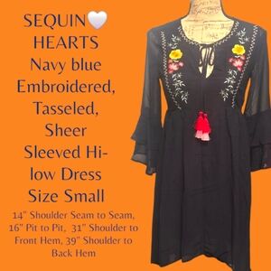 Sequin Hearts Navy Blue Boho Embroidered Dress NWT Small 4042-4